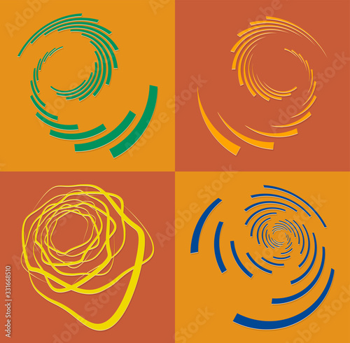 set of duotone curly, coil, gyration volute shapes. twine vortexes rotating in concentric, radial, radiating and circular, circling fashion