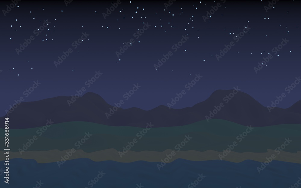 Starry moonless sky. Ocean shore line with waves on a beach. Island beach paradise with waves. Vacation, summer, relaxation. Seascape, seashore. Minimalist landscape, primitivism. 3D illustration