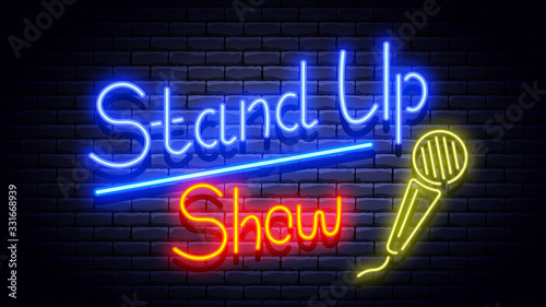 Stand up show neon signboard on brick wall. Vector illustration.