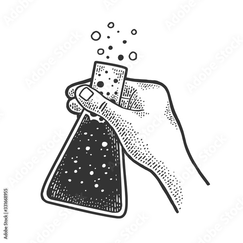 chemical flask with liquid in hand sketch engraving vector illustration. T-shirt apparel print design. Scratch board imitation. Black and white hand drawn image.