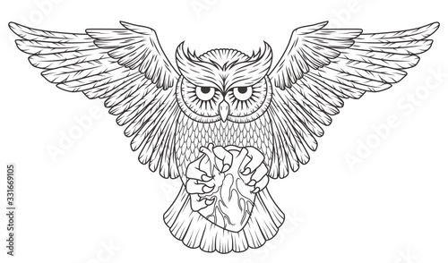 Wild animal owl with heart and open wings