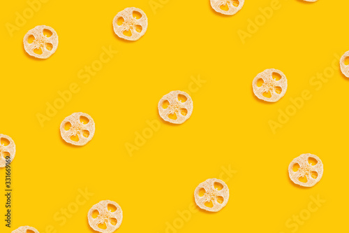 Ecological accessories for body care, natural pattern on yellow background.