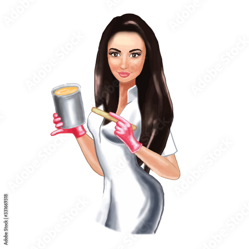 Master of sugaring. Beautiful brunette in gloves with pasta for hair removal. Vector illustration for design and web isolated on a white background.