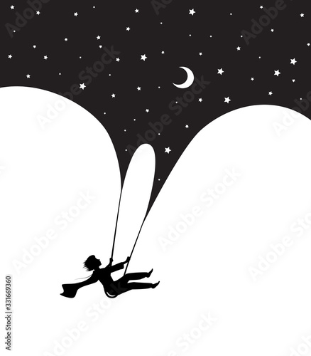 concept of childhood night dream at midnight, dream scene in black and white, boy silhouette on the swing flying under the night sky, shadow story,