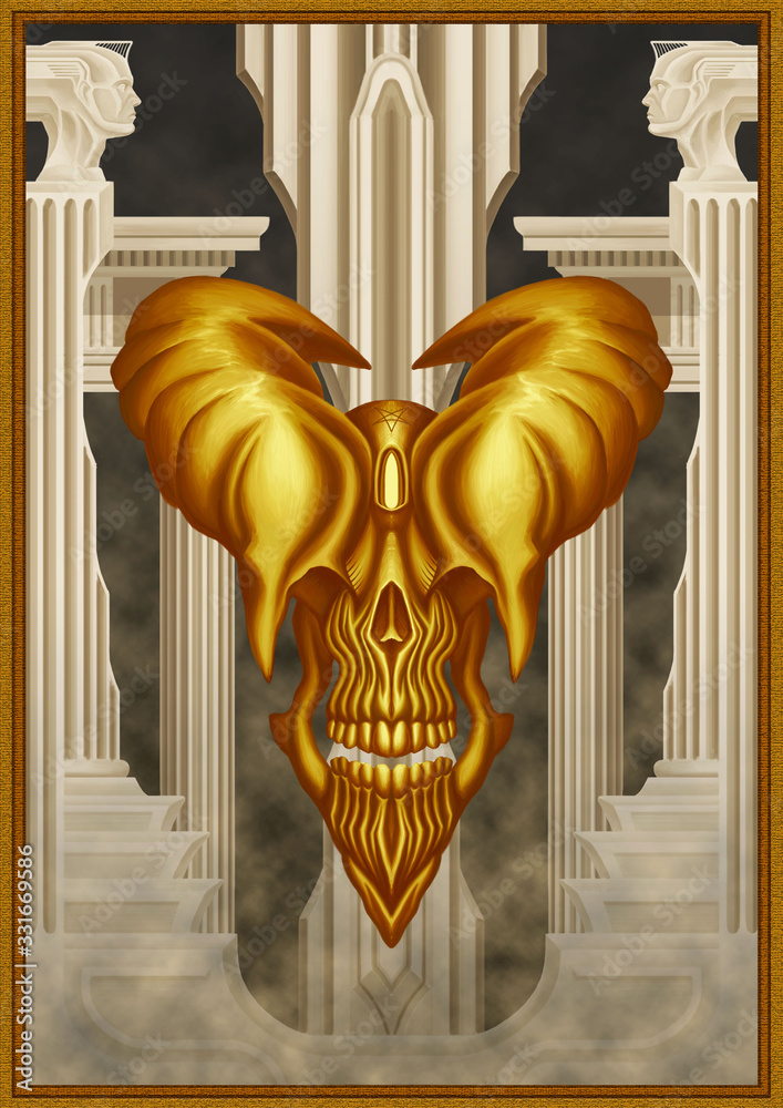 Skull of demon or devil without eyes, with big horns, horror creature ...