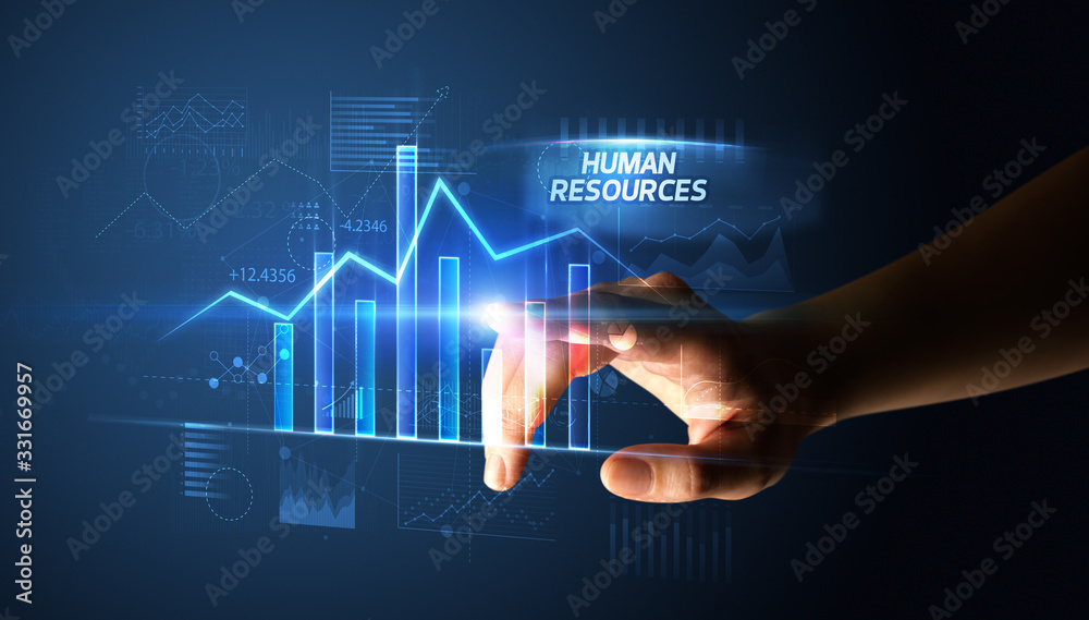 Hand touching HUMAN RESOURCES button, business concept Hand touching HUMAN RESOURCES button, business concept