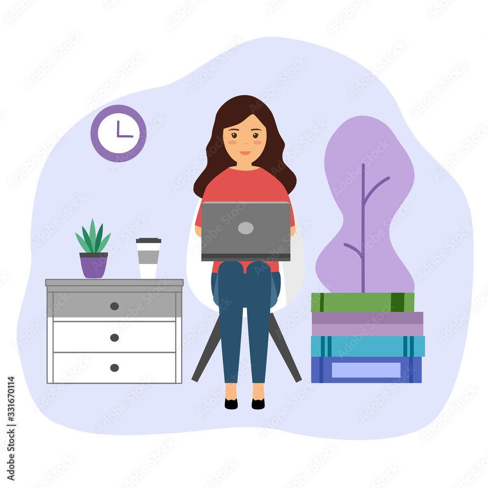 Woman sitting with laptop on the chair at home and working. Work from home concept vector illustration on white background. Remote working to avoid Covid19 outbreak. Freelancer working at home studio.