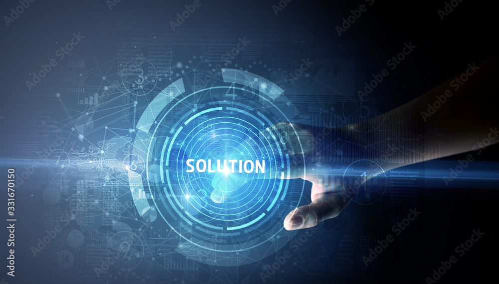 Hand touching SOLUTION button, modern business technology concept