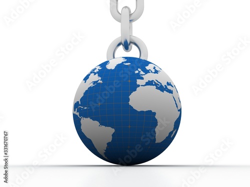 3d illustration Stainless steel chain connected globe
