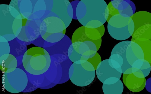 Multicolored translucent circles on a dark background. Green tones. 3D illustration