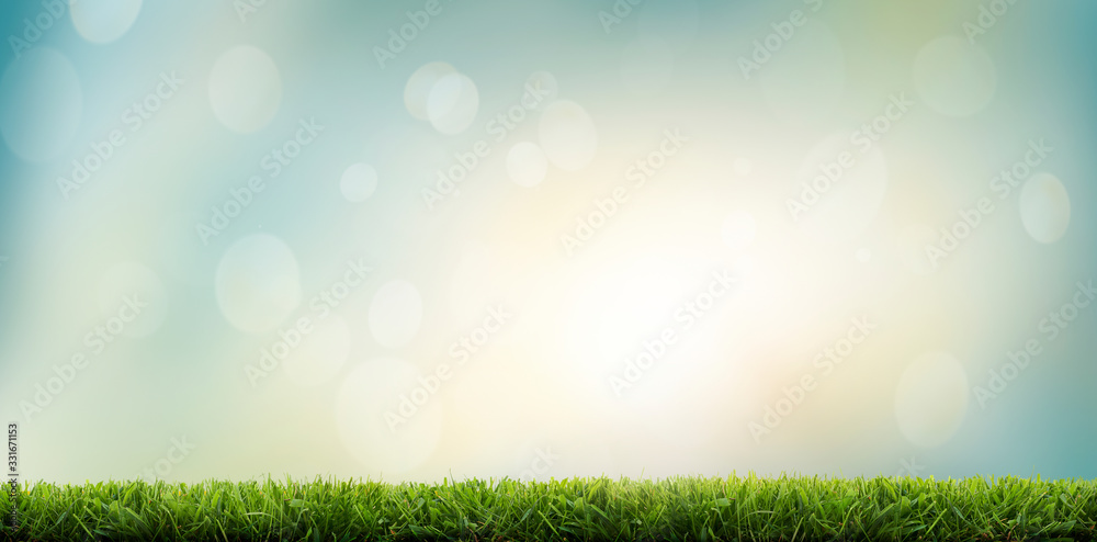 A fresh spring, summer sunny blue sky background with green grass lawn and blurred bokeh glow.