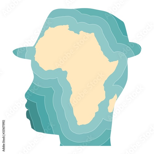 Blue and bright turquoise sea, yellow sand background. African continent map and male head. Double exposure style illustration.