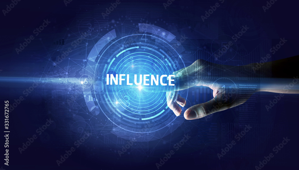 Hand touching INFLUENCE button, modern business technology concept Hand touching INFLUENCE button, modern business technology concept