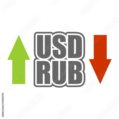 Financial market trading concept. Currency pair. Acronym RUB - Russian Ruble currency. Acronym USD - United States Dollar.