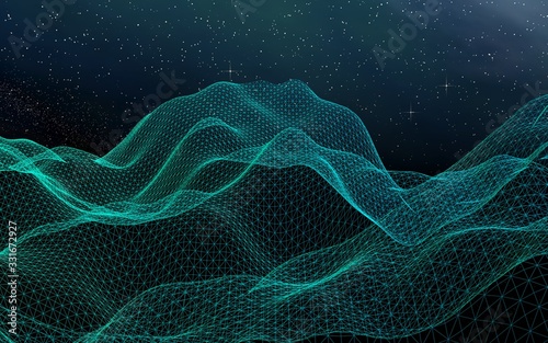 Abstract landscape on a dark background. Cyberspace grid. hi tech network. Outer space. Starry outer space texture. 3D illustration