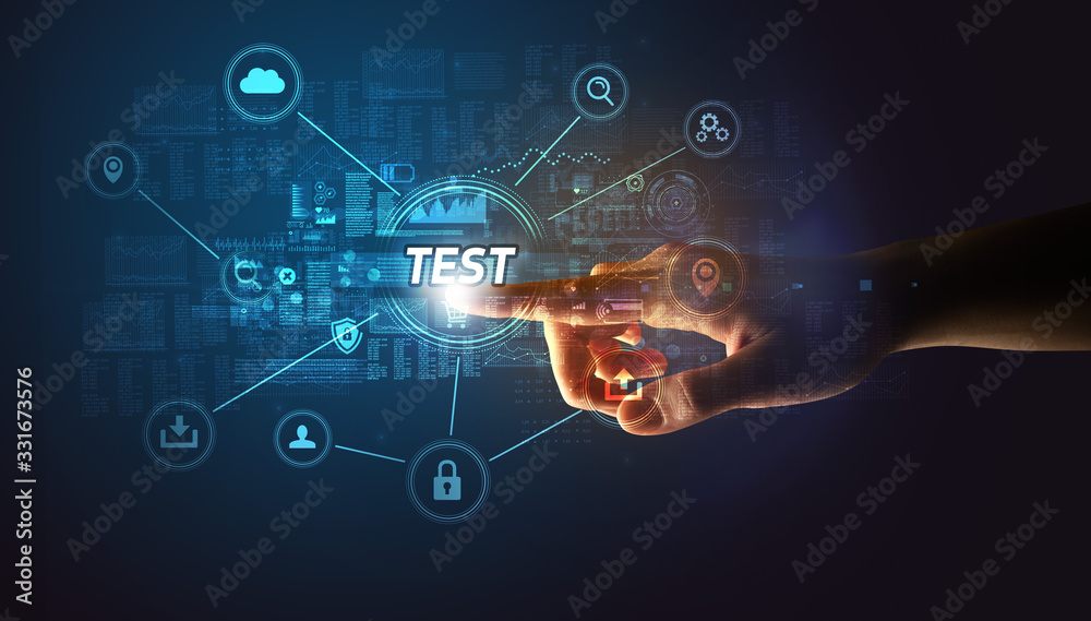 Hand touching TEST inscription, Cybersecurity concept