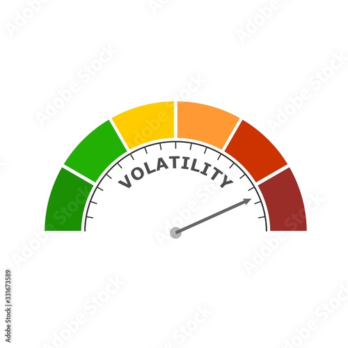 Level scale with arrow. The volatility measuring device icon. Sign tachometer, speedometer, indicator. Infographic gauge element.