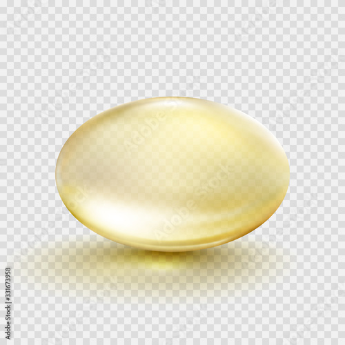 Gold bubble isolated on transparent background. Cosmetic vitamin capsule or oil pill. Vector golden 3d serum collagen sphere..