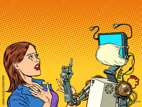 woman and robot wearing a medical mask. coronavirus epidemic