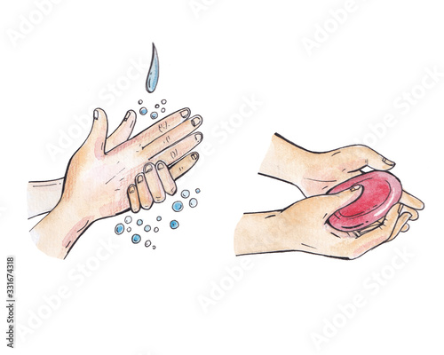 hand washing, how to wash your hands correctly, illustration with hands and gestures