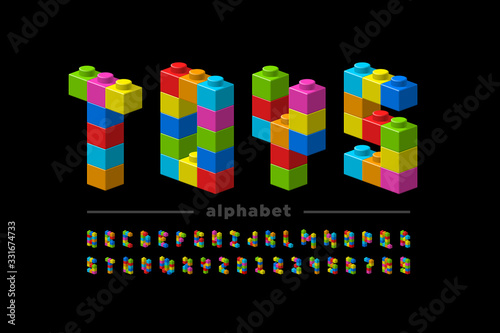 Plastic construction blocks font, alphabet letters and numbers