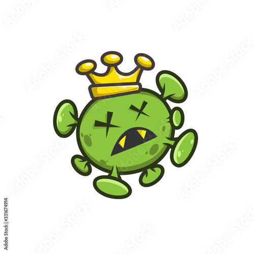 Dead Corona virus cartoon character mascot illustration vector with crown - Covid 19 infection flu illness epidemic pandemic - cal manner, straight forward, educational, positive, kids, children