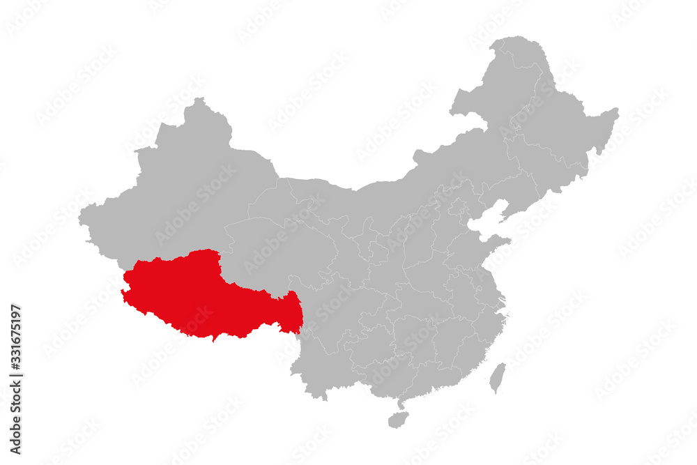 Xizang province highlighted on china map. Gray background. Asian country.