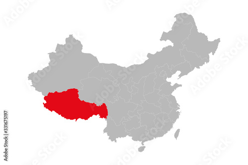 Xizang province highlighted on china map. Gray background. Asian country. photo