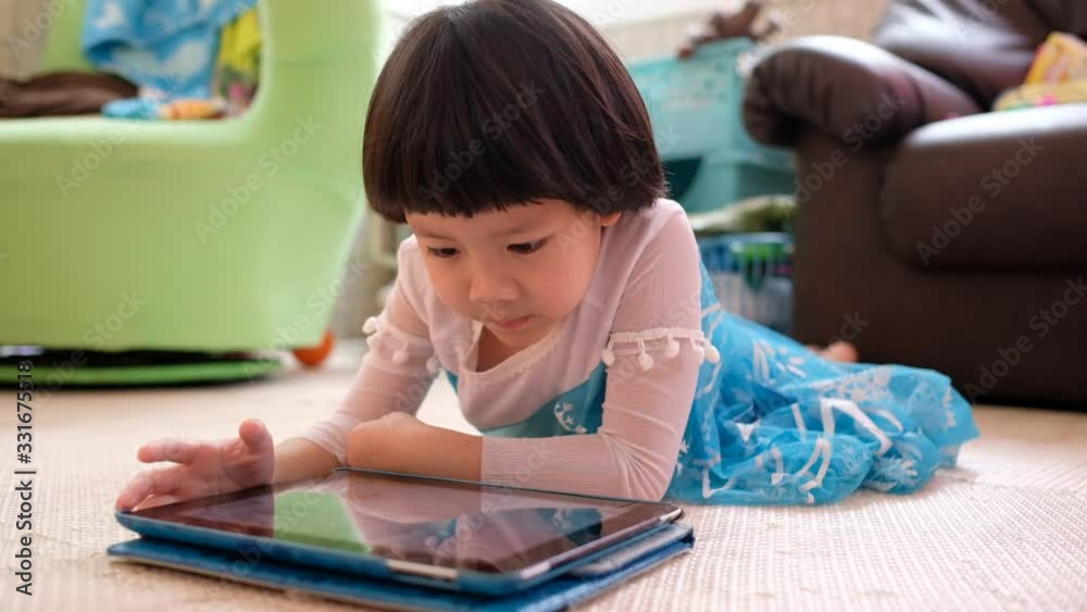 chinese child addicted phone, asian girl playing smartphone, kid use telephone, watching cartoon
