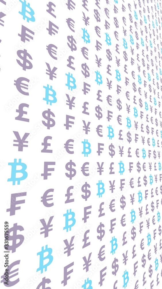 Bitcoin and currency on a white background. Digital crypto currency symbol. Business concept. Market Display. 3D illustration Bitcoin and currency on a white background. Digital crypto currency symbol. Business concept. Market Display. 3D illustration