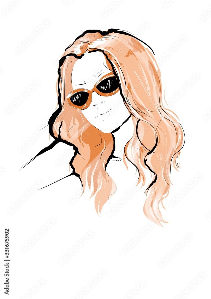 Fashion illustration of girl in modern trendy shades sunglasses Fashion illustration of girl in modern trendy shades sunglasses
