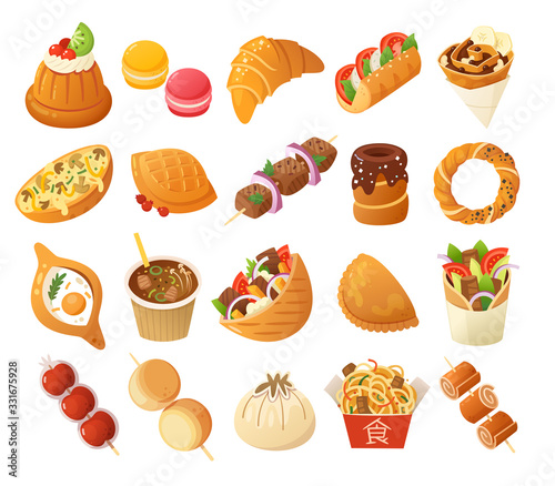 Street food images. French, Polish, Turkish and Chinese cuisines. Vector icons.
