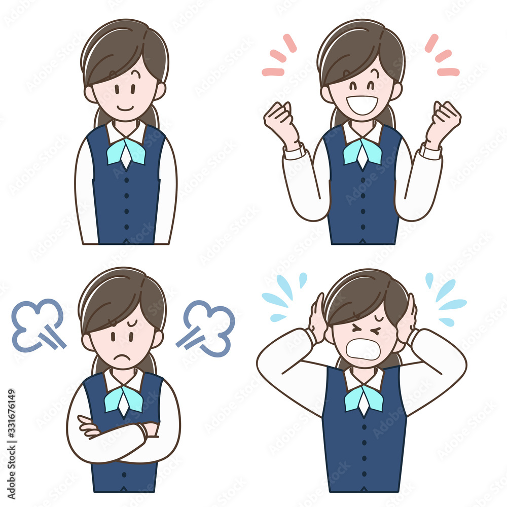 Various facial expression of woman in a uniform, Vector illustration set Various facial expression of woman in a uniform, Vector illustration set