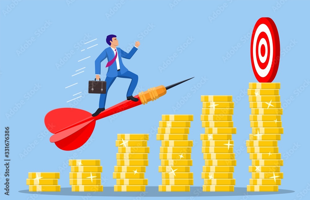 Naklejka Businessman aim arrow to target on coin graph going up. Goal setting. Smart goal. Business target concept. Achievement and success. Vector illustration in flat style