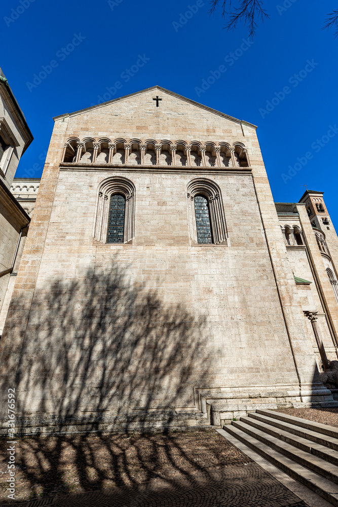 Closeup of the San Vigilio Cathedral (Duomo di Trento, 1212-1321) in Romanesque and Gothic style, Trento downtown, Trentino-Alto Adige, Italy, Europe