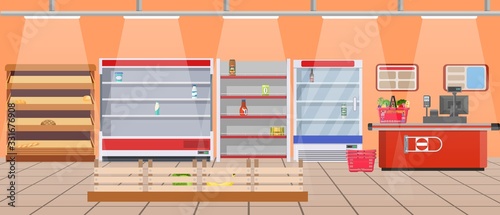 Supermarket store interior with empty store shelves. Big shopping mall. Interior store inside. Checkout counter. Vector illustration in flat style