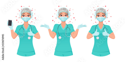 Nurse in mask, cap and gloves shows smartphone screen, thumbs up, shrugs. Protection from coronavirus. Vector set.