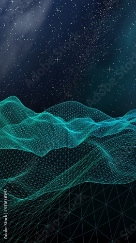 Abstract landscape on a dark background. Cyberspace grid. hi tech network. Outer space. Vertical orientation. Starry outer space texture. 3D illustration
