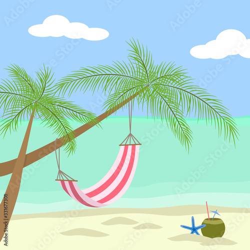 Empty romantic cozy hammock in the shadow of the palm on the tropical sandy beach by the sea. Flat vector illustration