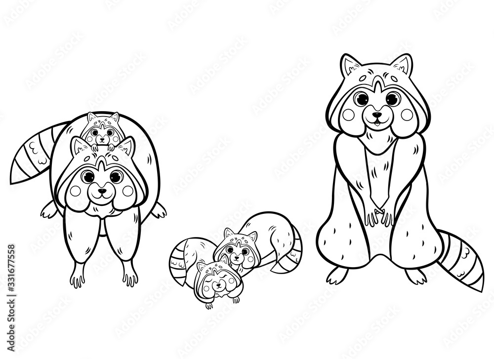 Cute cartoon raccoon family vector colorin page outline. Male and ...
