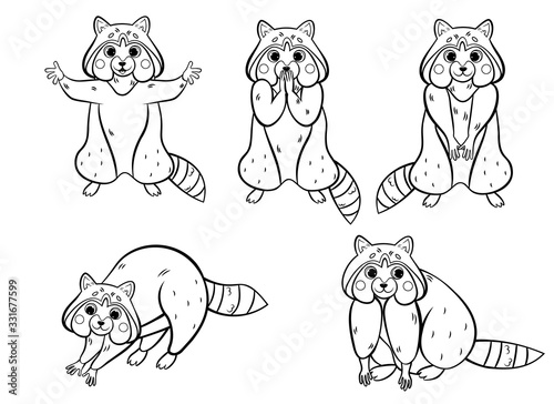 Coloring page outline of cute cartoon raccoon. Raccoon in different postures. Vector set isolated on white background. Coloring book of forest wild animals for kids
