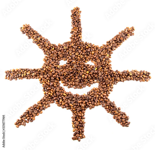 Roasted coffee beans placed in the shape of a smiling sun isolated on a white background. Top view. Flat lay