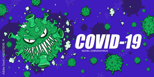 Coronavirus covid-19 and virus background with disease cells cartoon style illustration. Corona virus outbreaking and pandemic medical health risk.