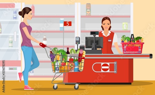 People Shopping in supermarket. woman cashier in supermarket. Cash register, Cashier and buyer with cart. empty store shelves. Vector illustration in flat style