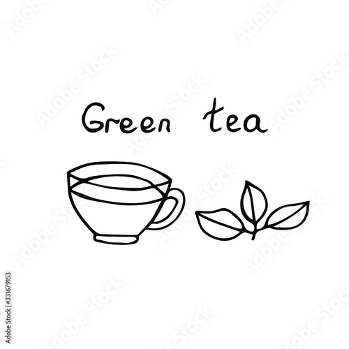 Green tea  cup and tea leaves  vector illustration  hand drawing