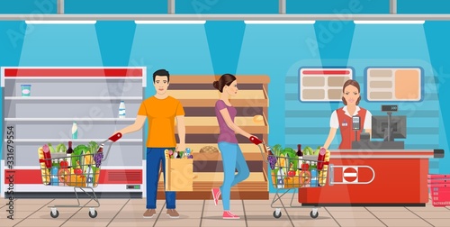 Customers people bying products in supermarket. grocery and consumerism concept. empty store shelves. Vector illustration in flat style photo
