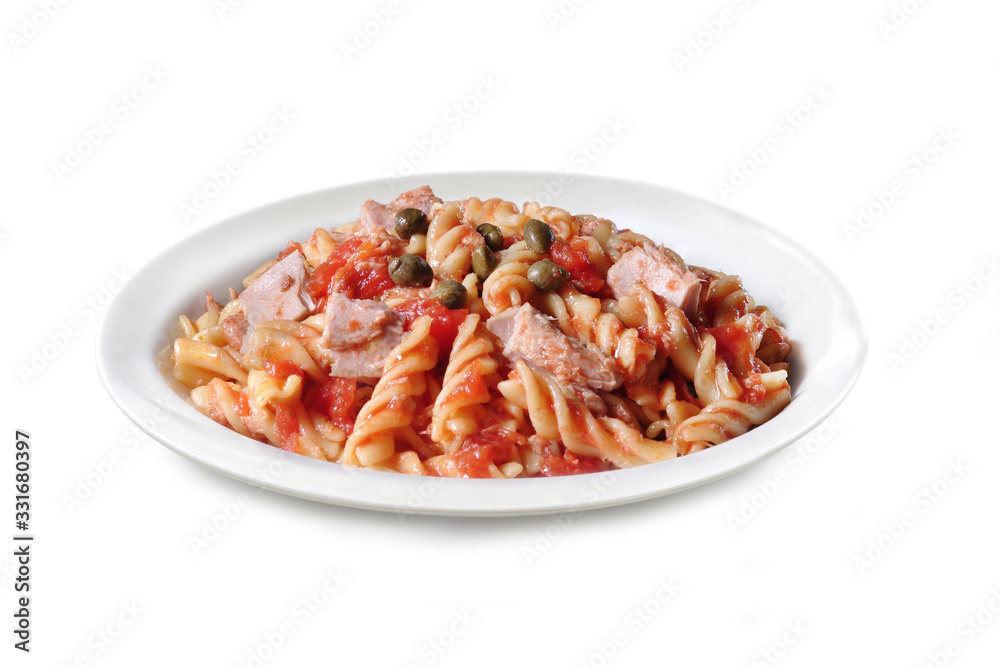 Italian Pasta with Tomato Sauce, Tuna and Capers - Isolated on White Background Italian Pasta with Tomato Sauce, Tuna and Capers - Isolated on White Background
