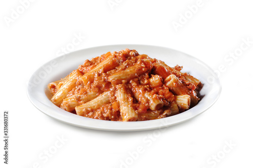 Italian Pasta with Sauce of Minced Meat, Tomato and Onion ("Ragù")- Isolated on White Background