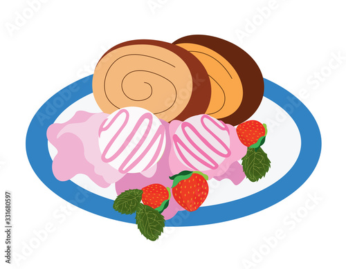 vector illustration ice cream and sweet rolls, dessert, cafe, dish, ice cream plate, chocolate rolls