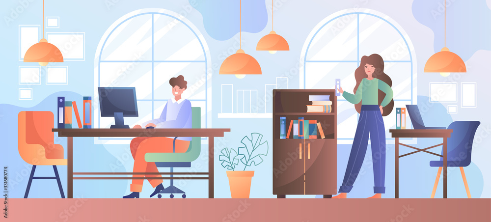 Fototapeta premium Modern creative office in contemporary co-working center with young man and young woman in their workplaces, flat vector illustrastion